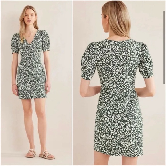 Boden V-Neck Jersey Mini Dress Chatsworth Sunflower Pop Green Floral US 14R 14 - Picture 2 of 6